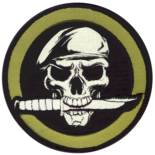 Skull and Knife Moral Patch Tan + Green Hook and Loop Material